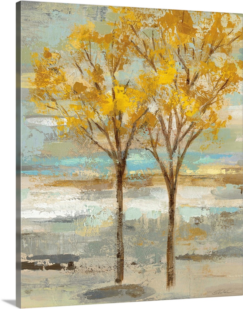 Abstract painting of two golden leafed trees on a colorful background made up of blue, green, tan, and gray short brushstr...