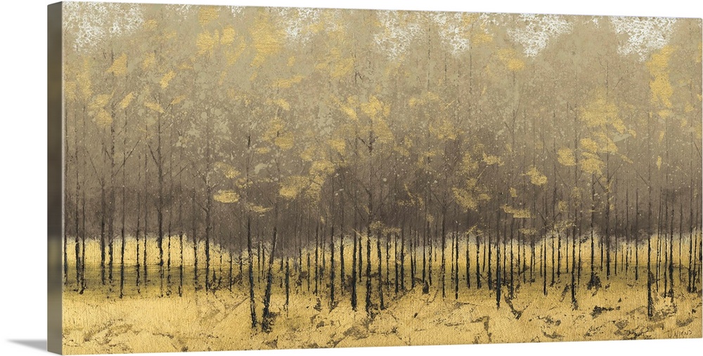 Contemporary artwork of a forest of thin trees with golden leaves.