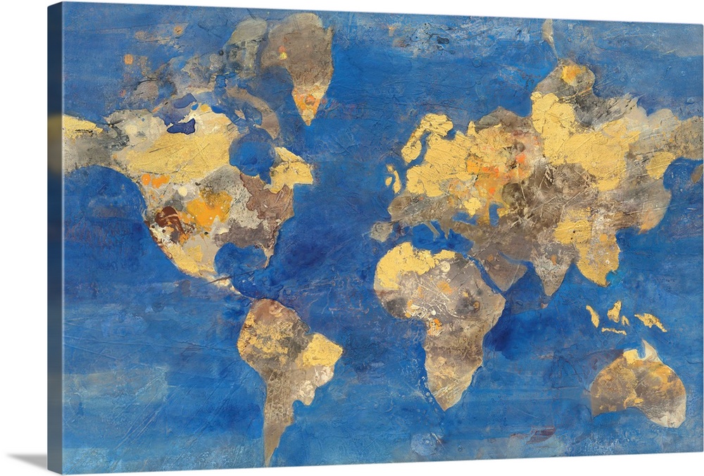 A map of the world in golden tones with a deep blue ocean.