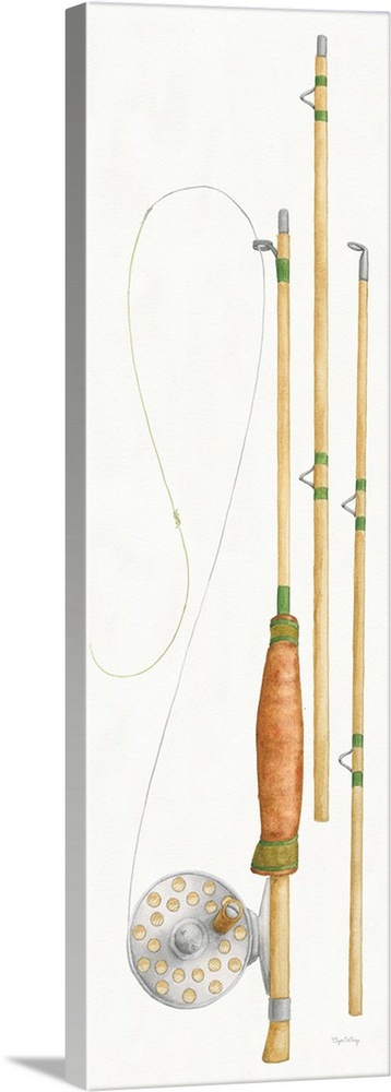 Large watercolor painting of a fly fishing pole and reel on a white background.