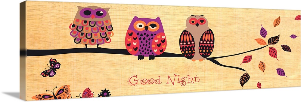 Three decorative owls on a branch atop a wood grain background with the words ""Good Night"" below them and several butter...