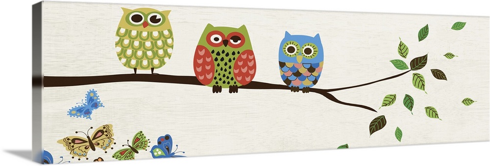 Contemporary artwork of owls in multiple colors perched on a branch.