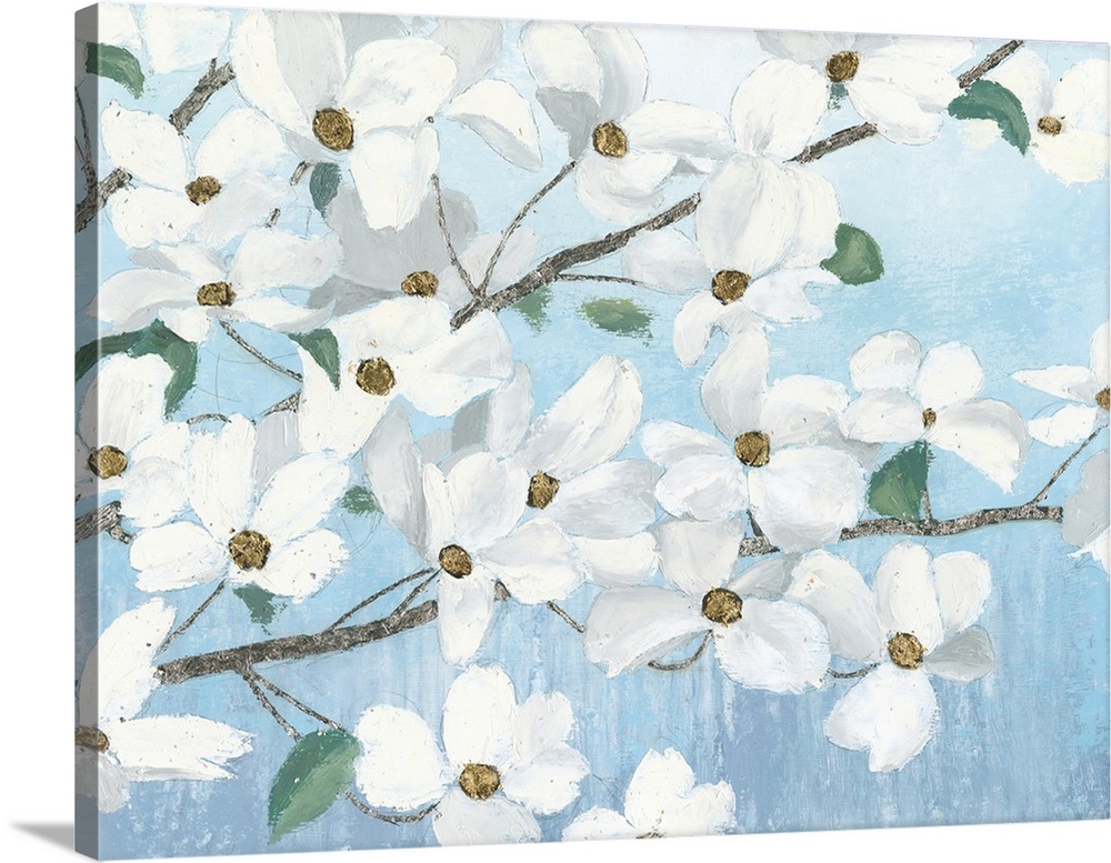 Contemporary painting of dogwood flowers with a light blue background.