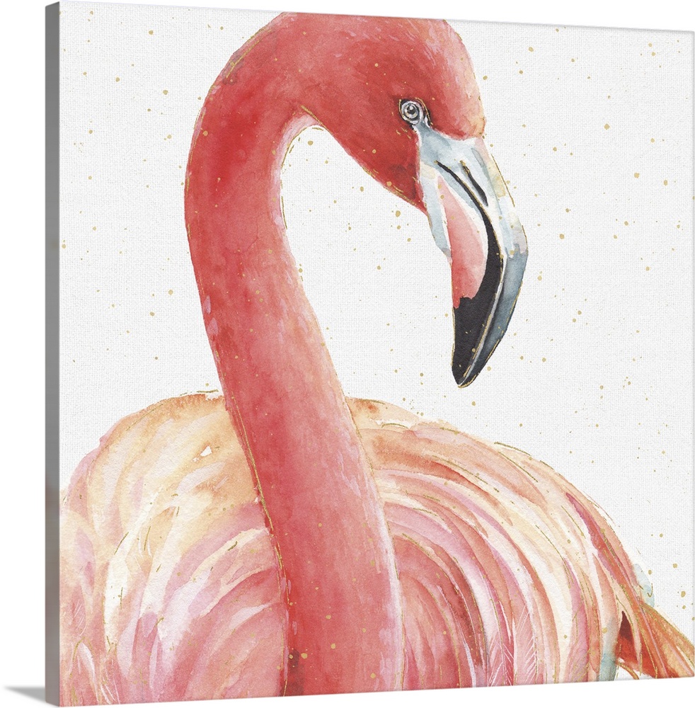 A tropical watercolor painting of a pink flamingo with metallic gold highlights and dots.