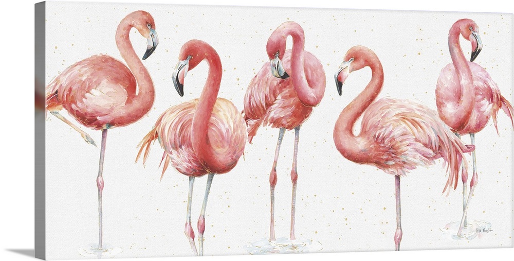 Horizontal watercolor painting of five pink flamingos standing next to each other with metallic gold highlights and dots.