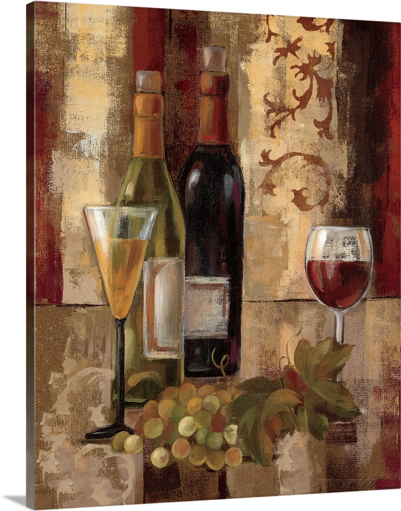 Decorative painting of a still life of two wine bottles and glasses of red and white wine, next to a bunch of grapes, on a...