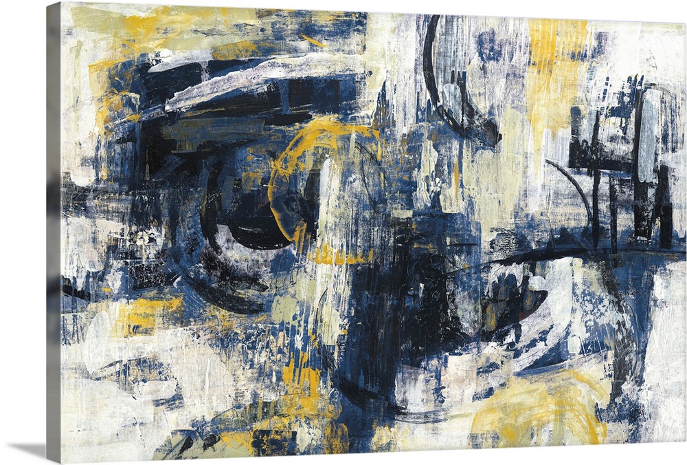 Contemporary abstract painting with dark indigo and black hues and pops of yellow and white to add brightness.