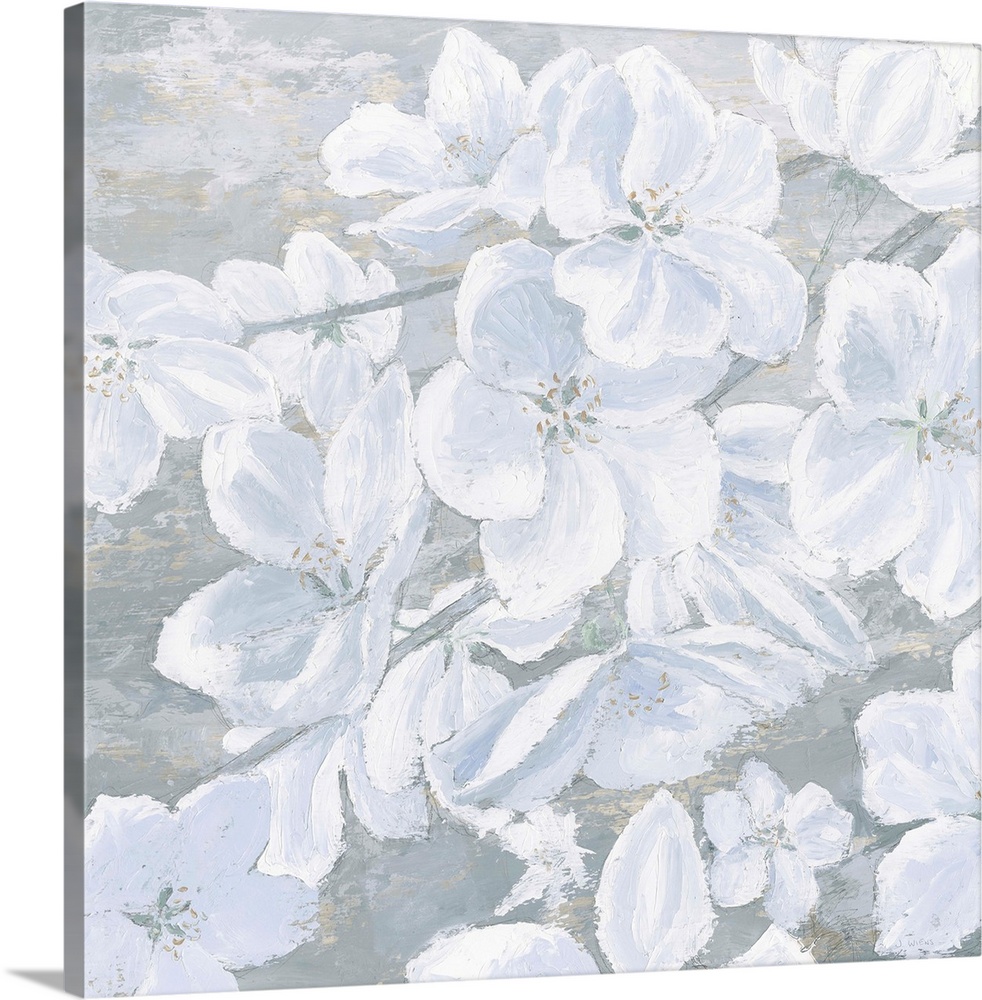 Square painting of cool toned white flowers on a slate blue and grey background.