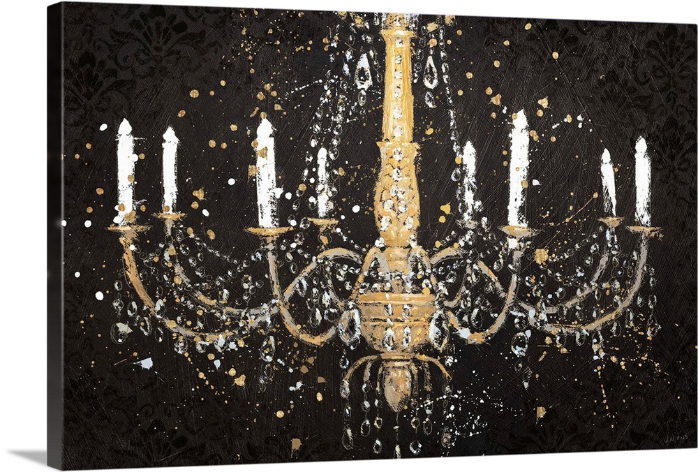 Contemporary artwork of a chandelier on black with jewels and tall candles.