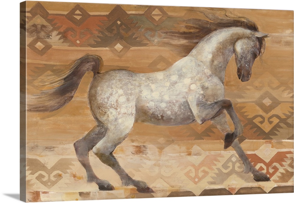 Painting of a grey appaloosa horse with southwestern designs.