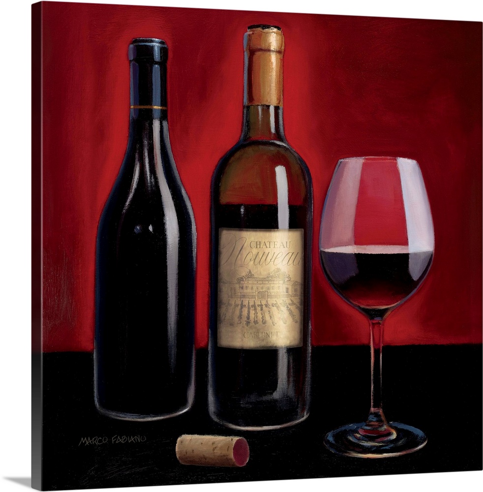 Contemporary painting of a glass of red wine with two wine bottle next to it.