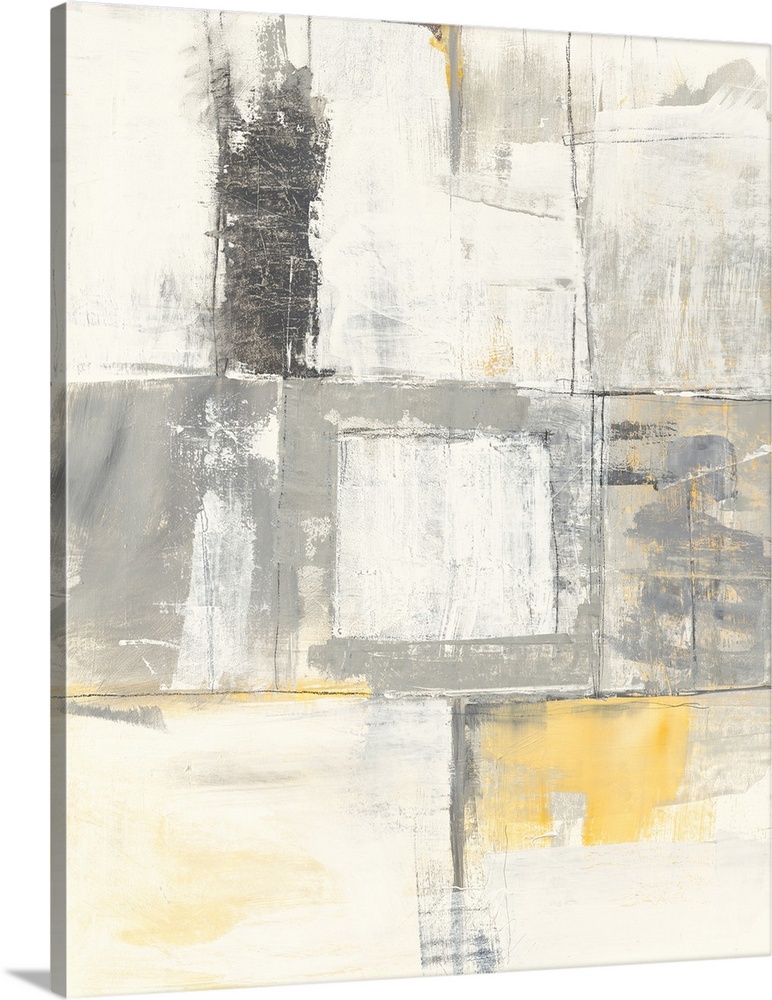 A muted vertical abstract featuring square shapes and yellow accents.