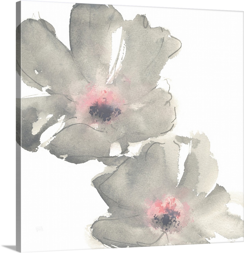 Decorative artwork of delicate flowers filled with pink and gray watercolor.