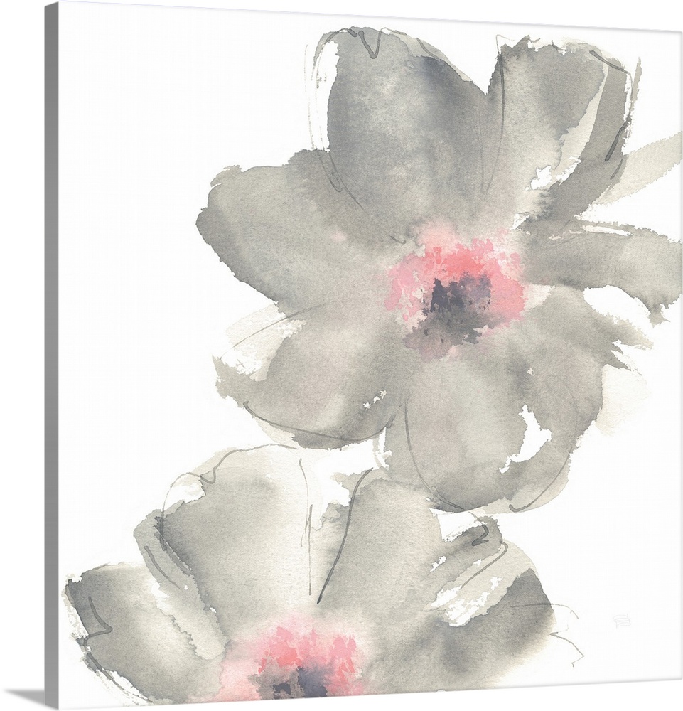 Decorative artwork of delicate flowers filled with pink and gray watercolor.