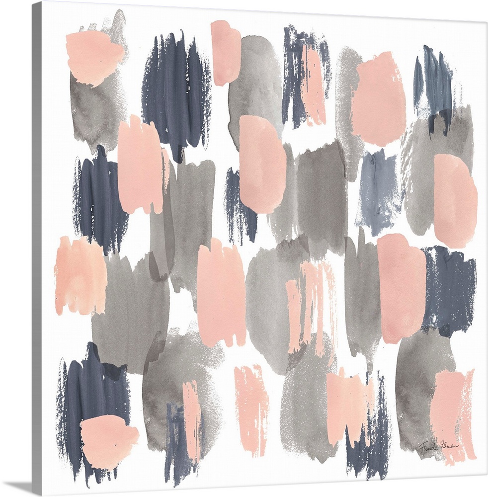 Decorative artwork featuring short vertical brush strokes in gray, pink and subdued blue.