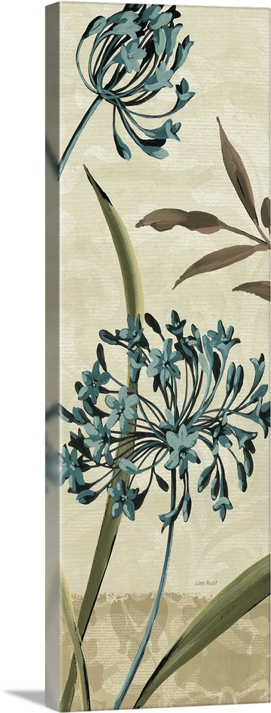 Vertical panoramic painting of two flower blossoms in the wind surrounded by tall leaves.