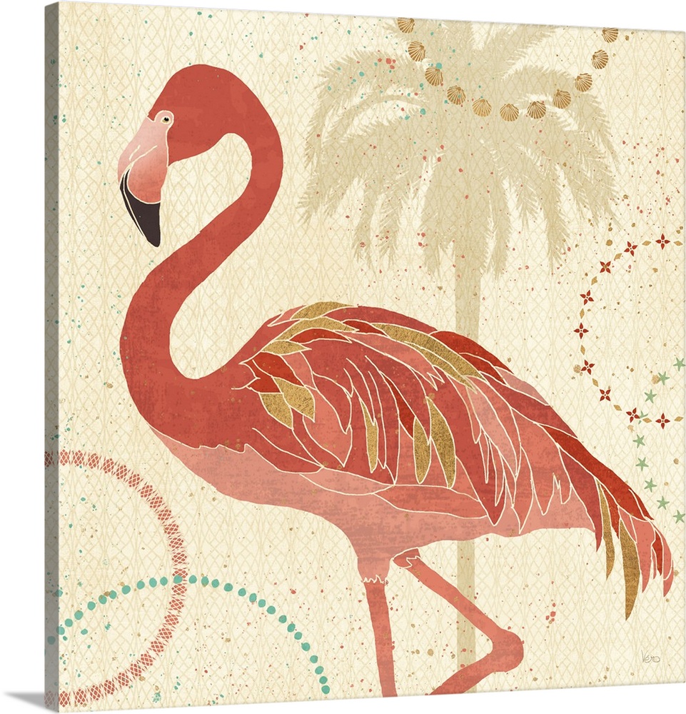 Contemporary artwork of a flamingo in dark pink, tones with gilded feathers against a tropical themed background.