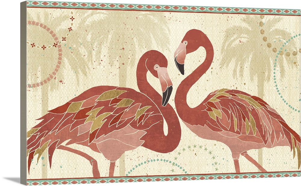 Contemporary artwork of two flamingos in dark pink, tones with gilded feathers against a tropical themed background.