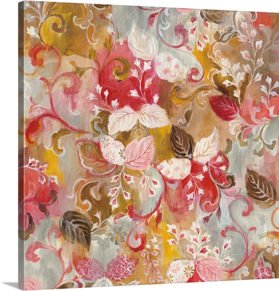 Square painting of pink, white, and brown leaves and flowers with a red, gold, and grey background.