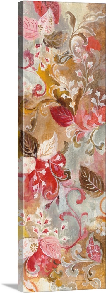 Tall painting of pink, white, and brown leaves and flowers with a red, gold, and grey background.