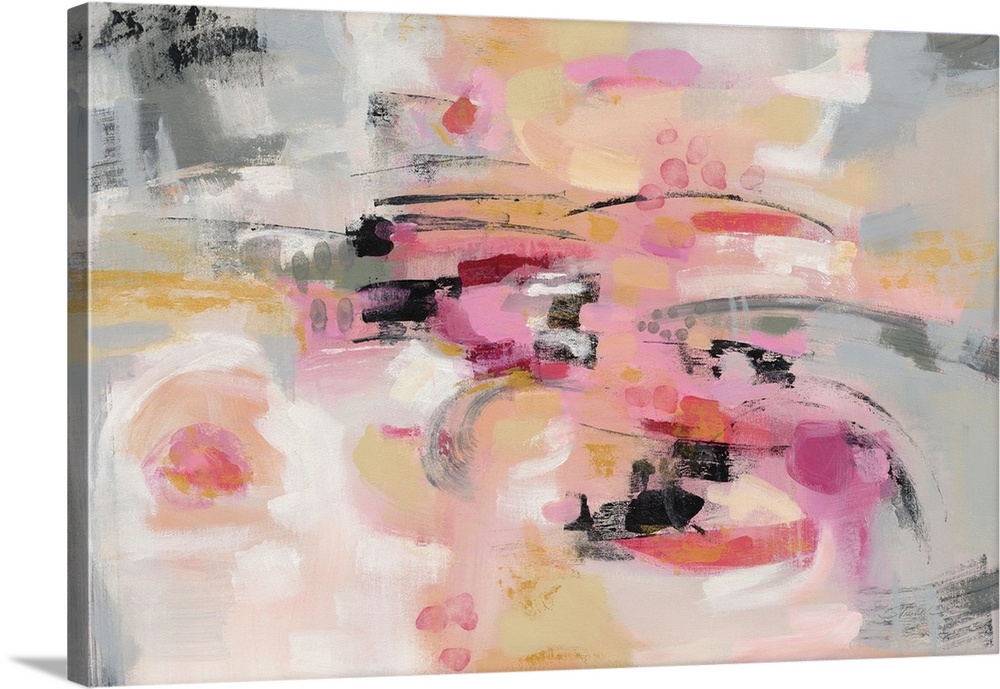 A horizontal abstract image in shades of pink, yellow and gray.