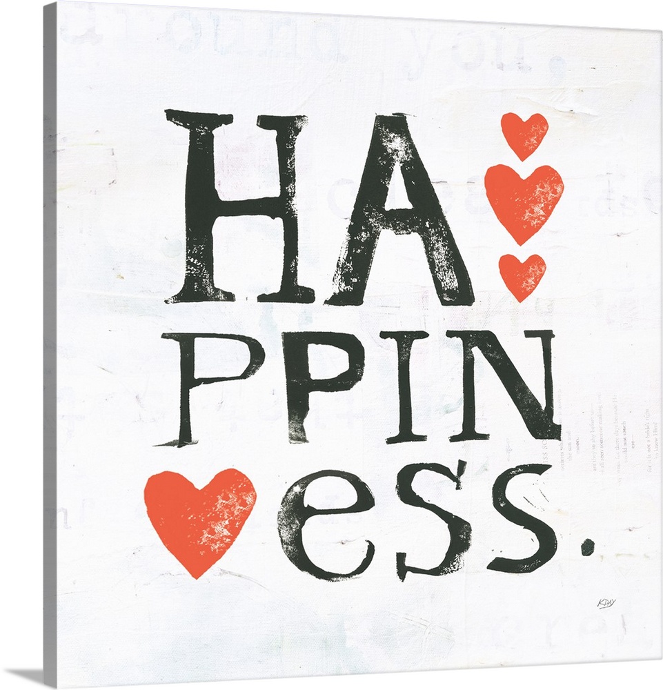 Square painting with the word "happiness" written in three lines with red hearts on a white background with faded text and...
