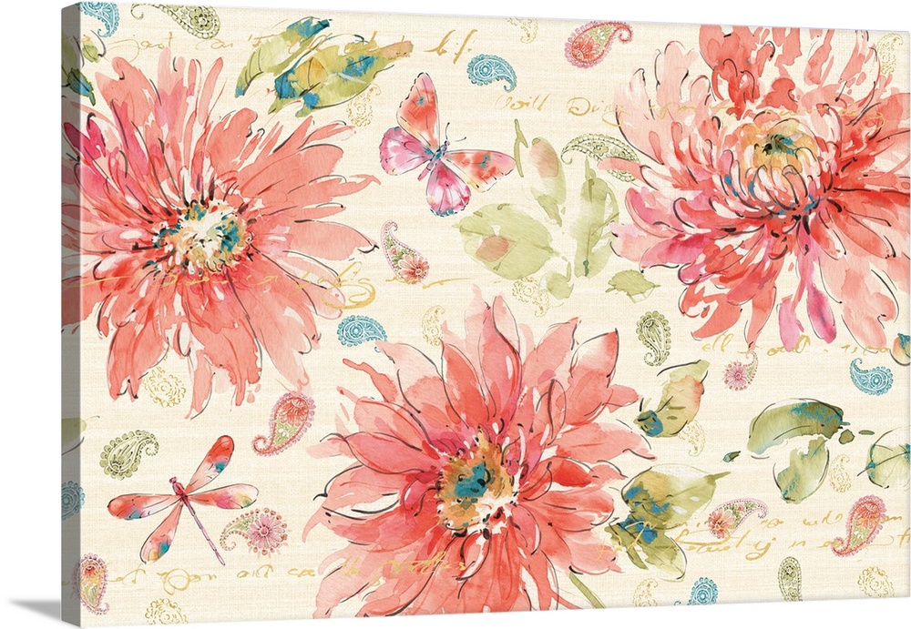 Contemporary watercolor artwork of pink flowers against a neutral background.