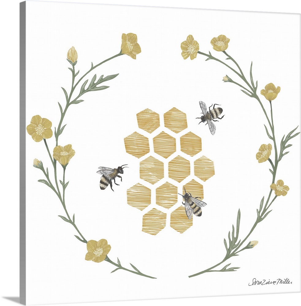 Square illustration of honeycomb with bumblebees framed with a wreath of flowers.