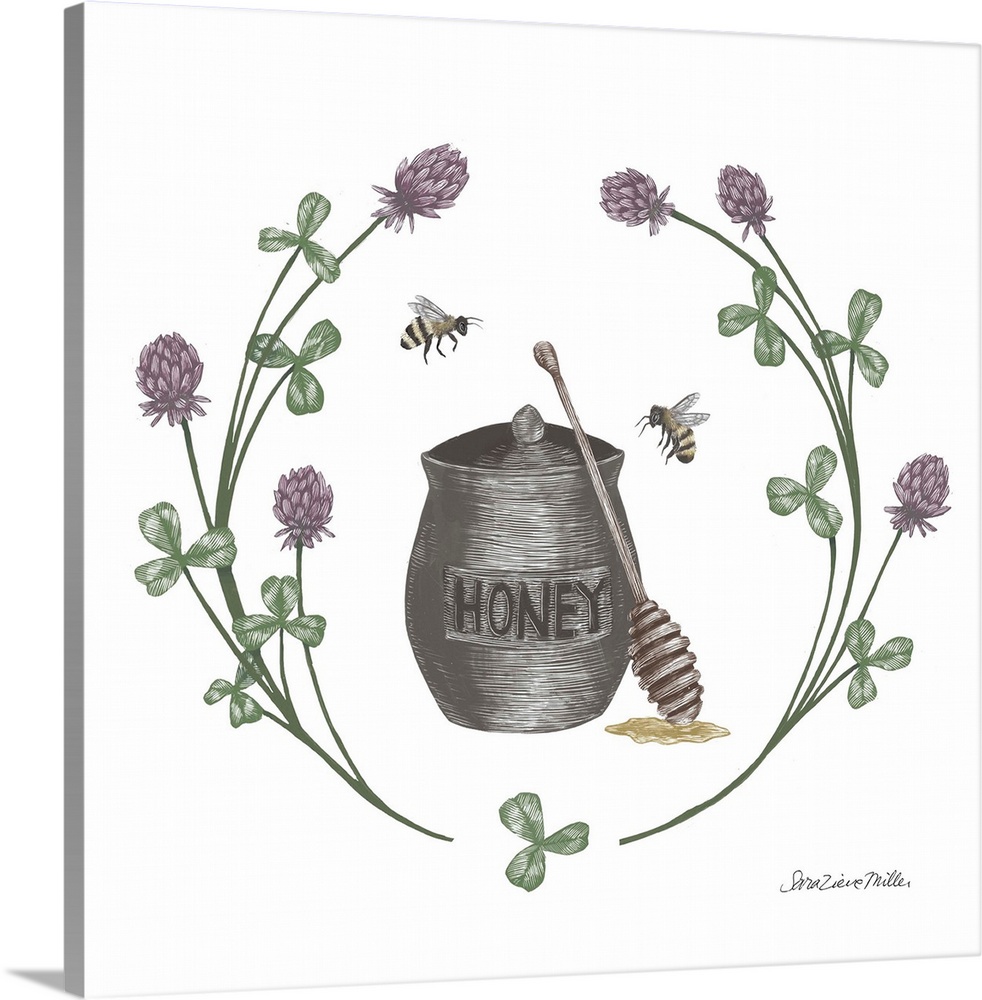 Square illustration of a jar of honey with bumblebees framed with a wreath of flowers.