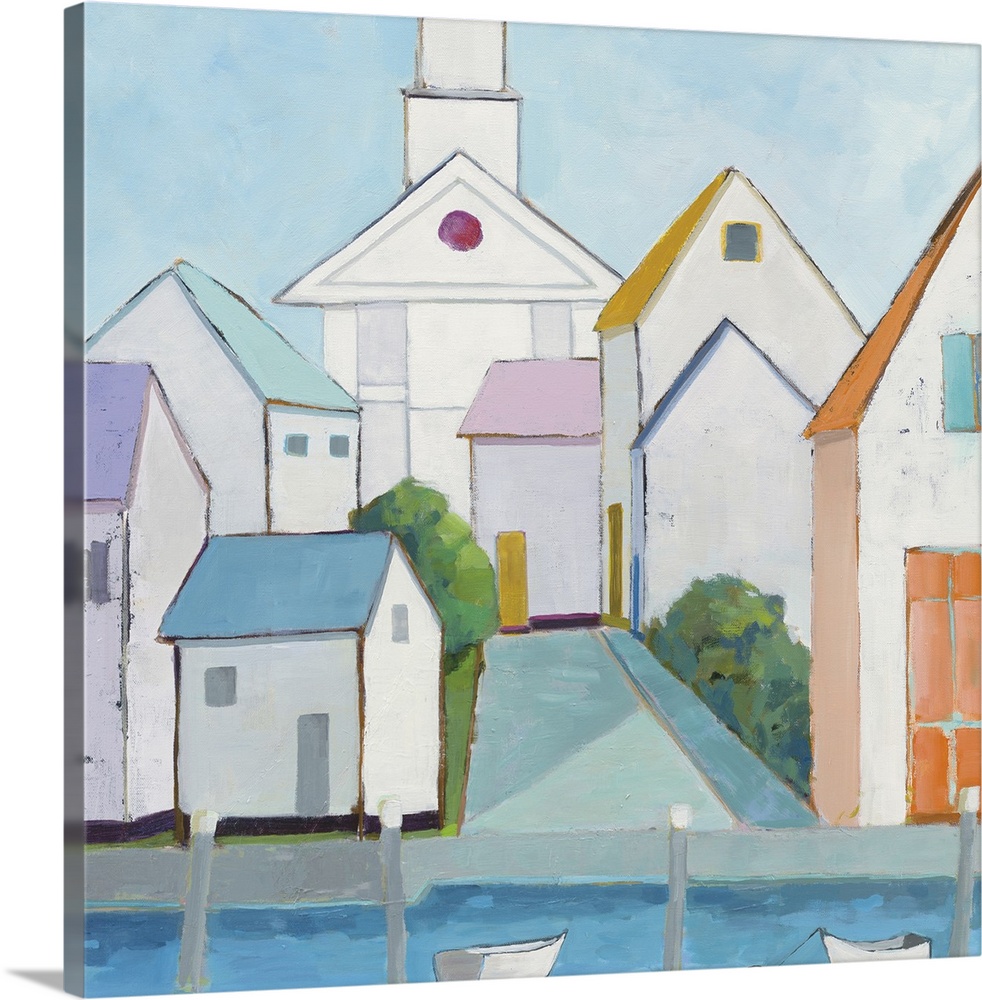 Contemporary painting of a harbor town with different colored buildings stacked nicely together and boats anchored in fron...