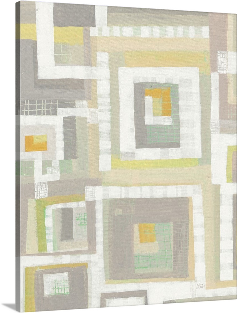 Vertical abstract painting with pastel colors and geometric designs.