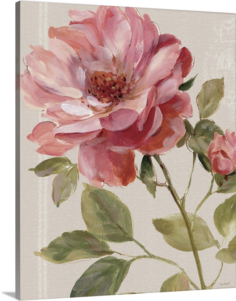Contemporary painting of a pink rose against a neutral background.