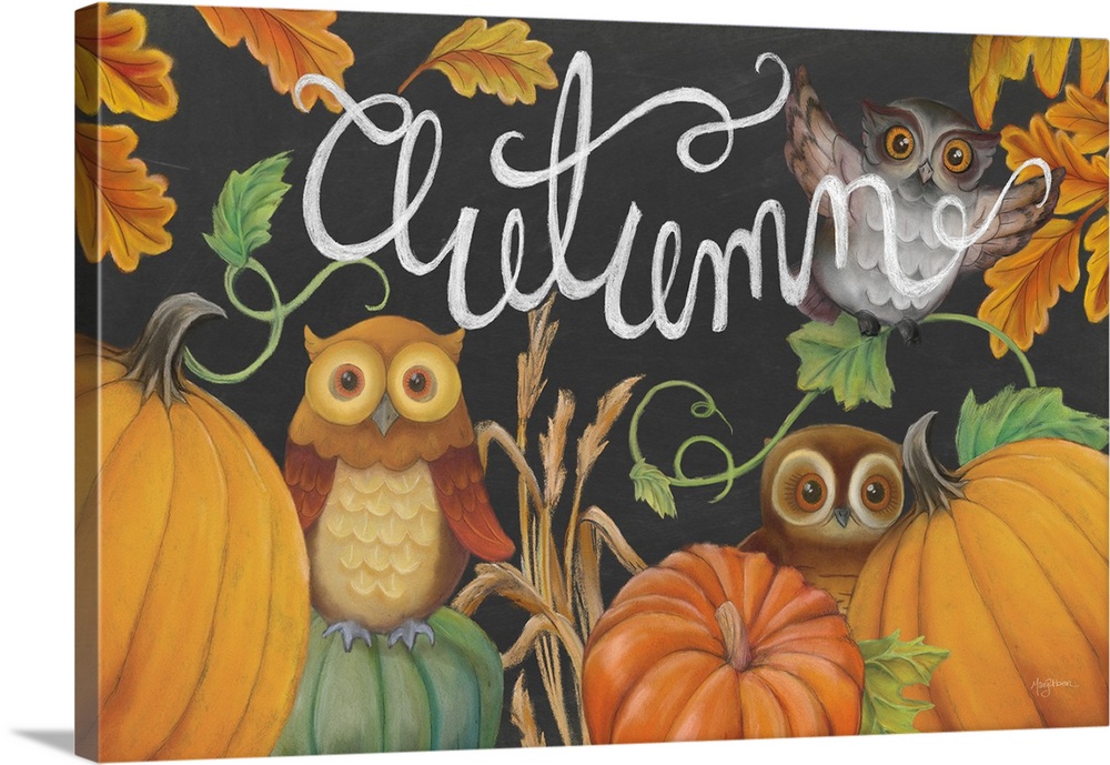 Autumn chalkboard art of owls, pumpkins, and fall leaves with the word "Autumn" written in white at the top.