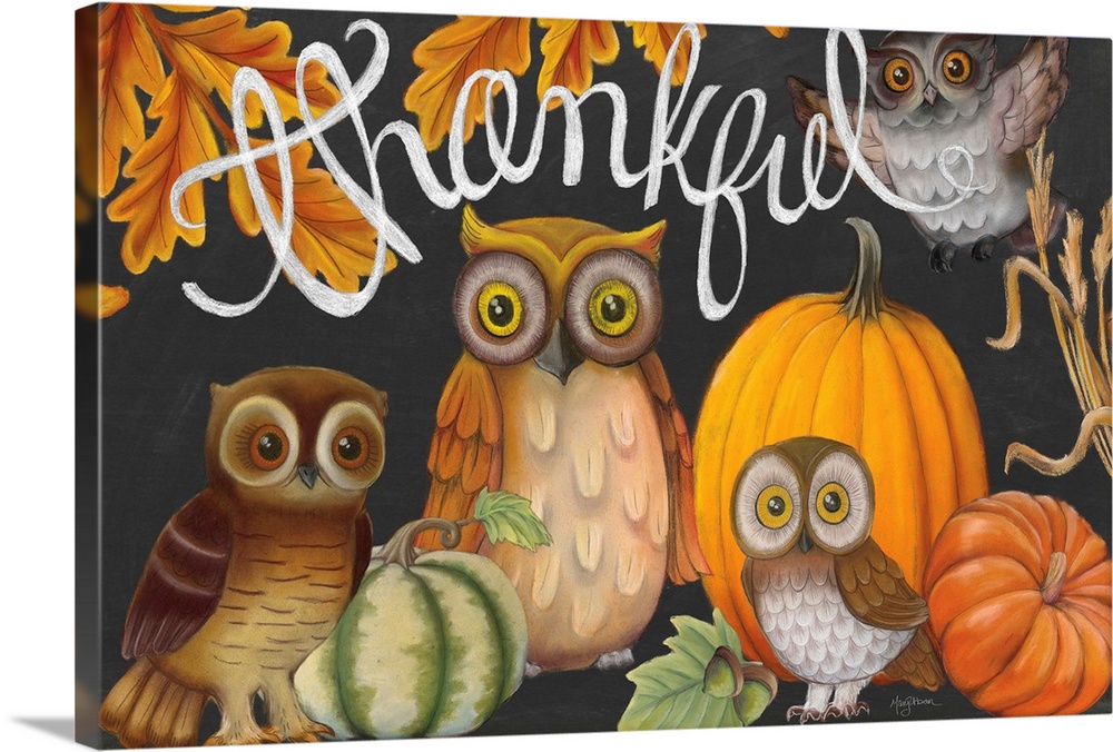 Autumn chalkboard art of owls, pumpkins, and fall leaves with the phrase "Thankful" written in white at the top.