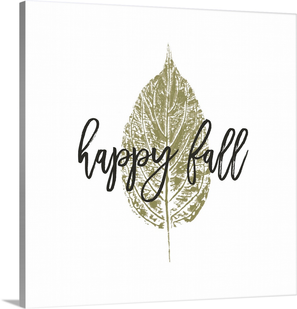 "Happy Fall" over a metallic gold leaf on white.