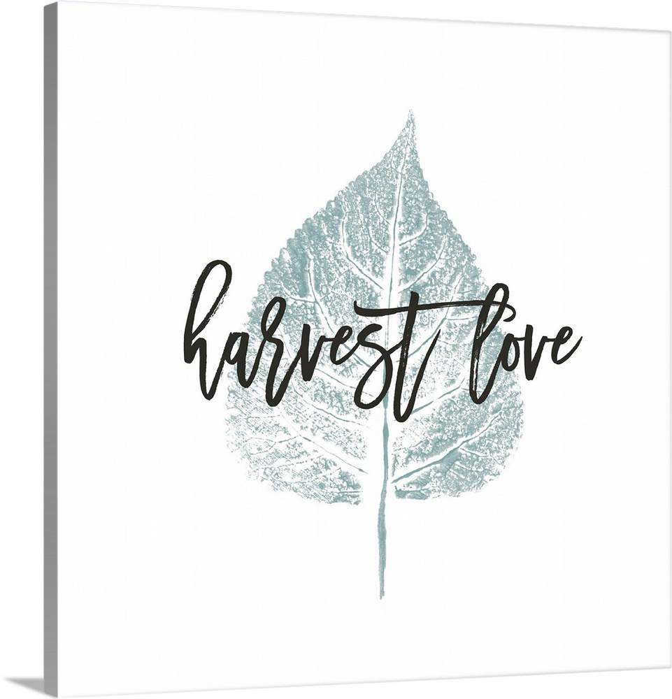 "Harvest Love" over a metallic silver leaf on white.