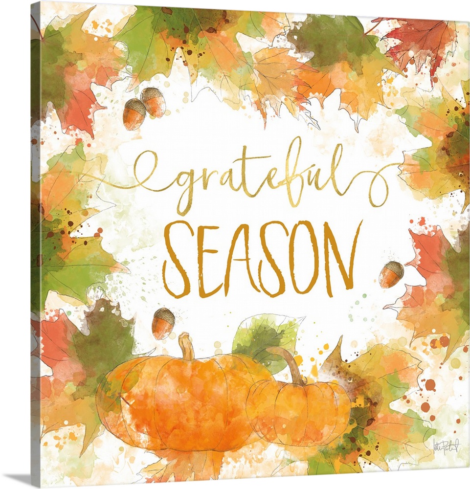 "Grateful Season" written inside a harvest wreath with Fall leaves, acorns, and pumpkins.