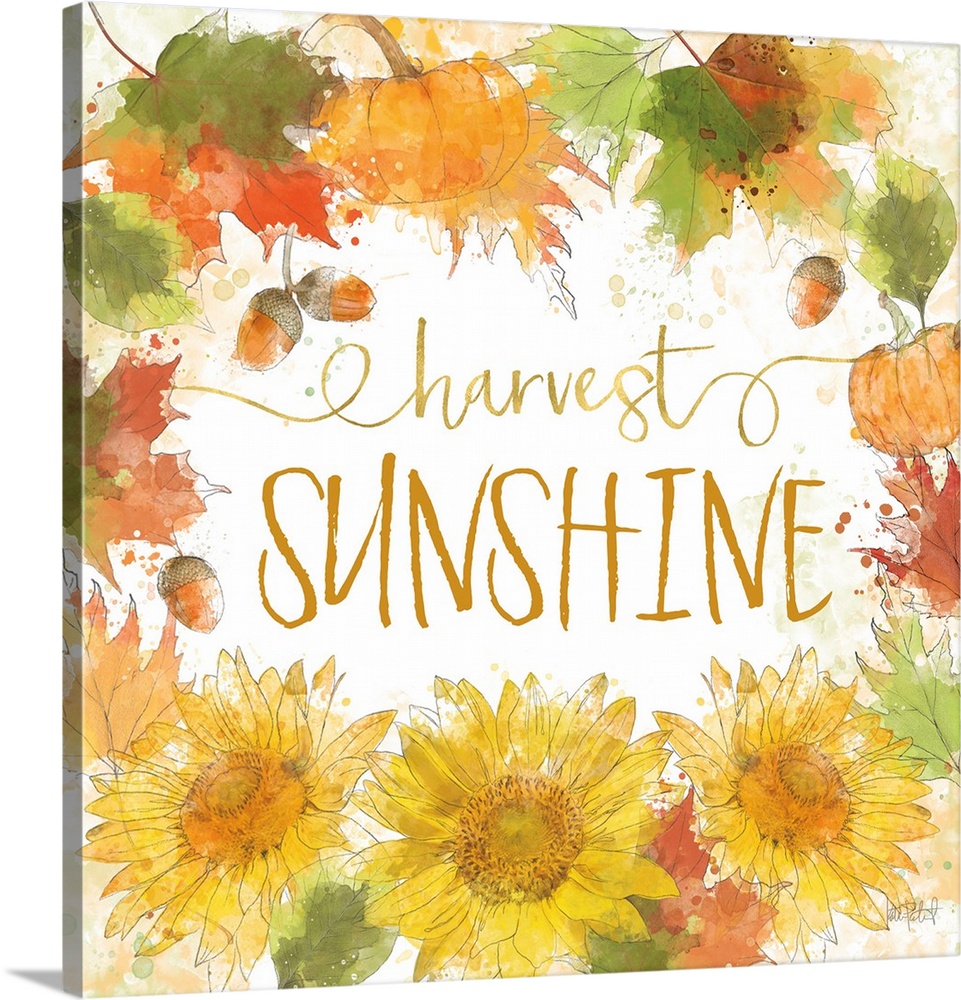 "Harvest Sunshine" written inside a harvest wreath with Fall leaves, acorns, sunflowers, and pumpkins.