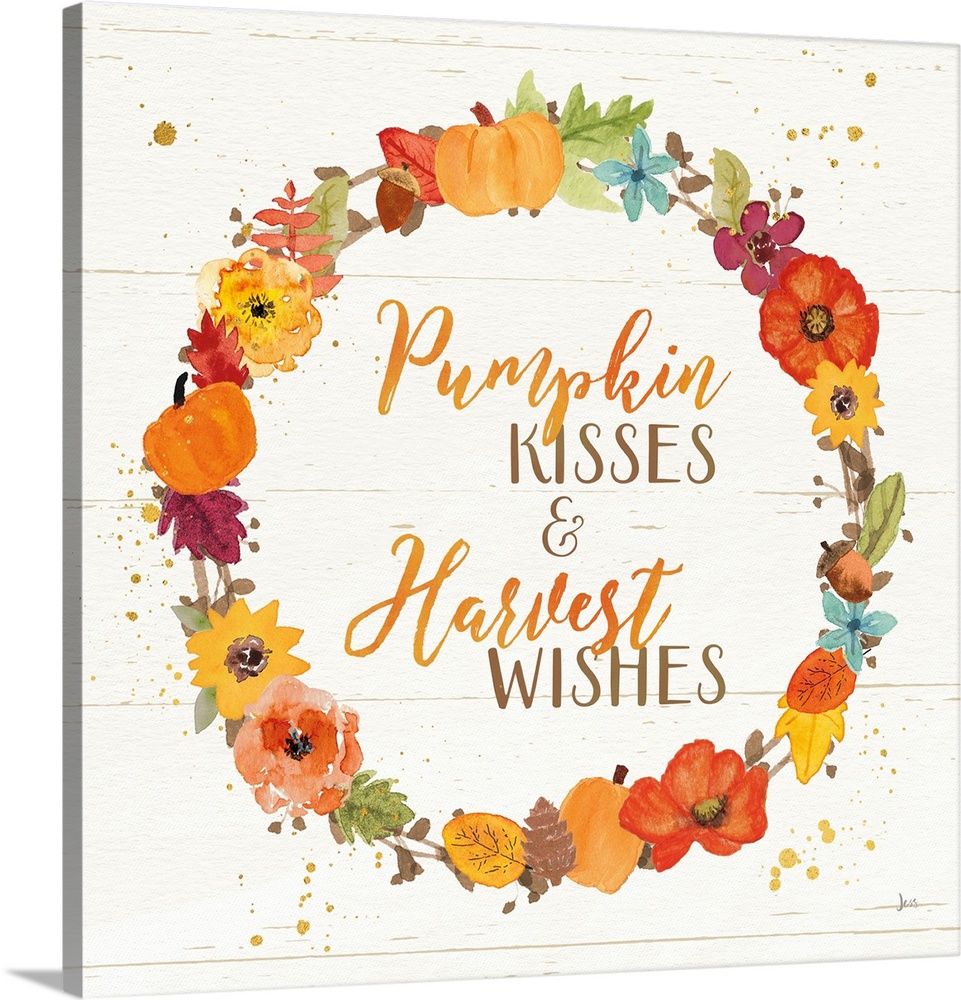 Decorative artwork of the words "Pumpkin Kisses and Harvest Wishes" surrounded by a wreath and a white wood background.