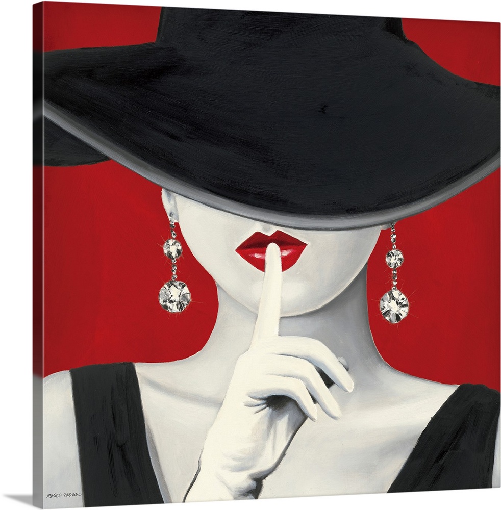 A square painting of a stylish woman in a black dress, her face obstructed by a black hat, white gloves and massive diamon...