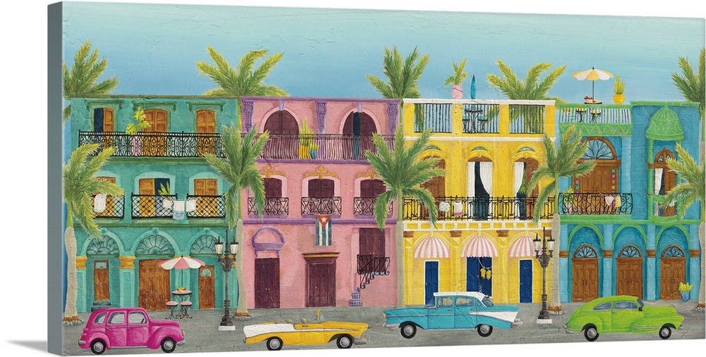 Horizontal contemporary painting of colorful buildings in Havana with vintage cars parked out front.