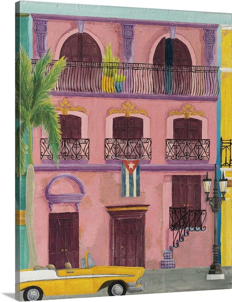 Vertical contemporary painting of a colorful pink building in Havana with a yellow vintage car parked out front.