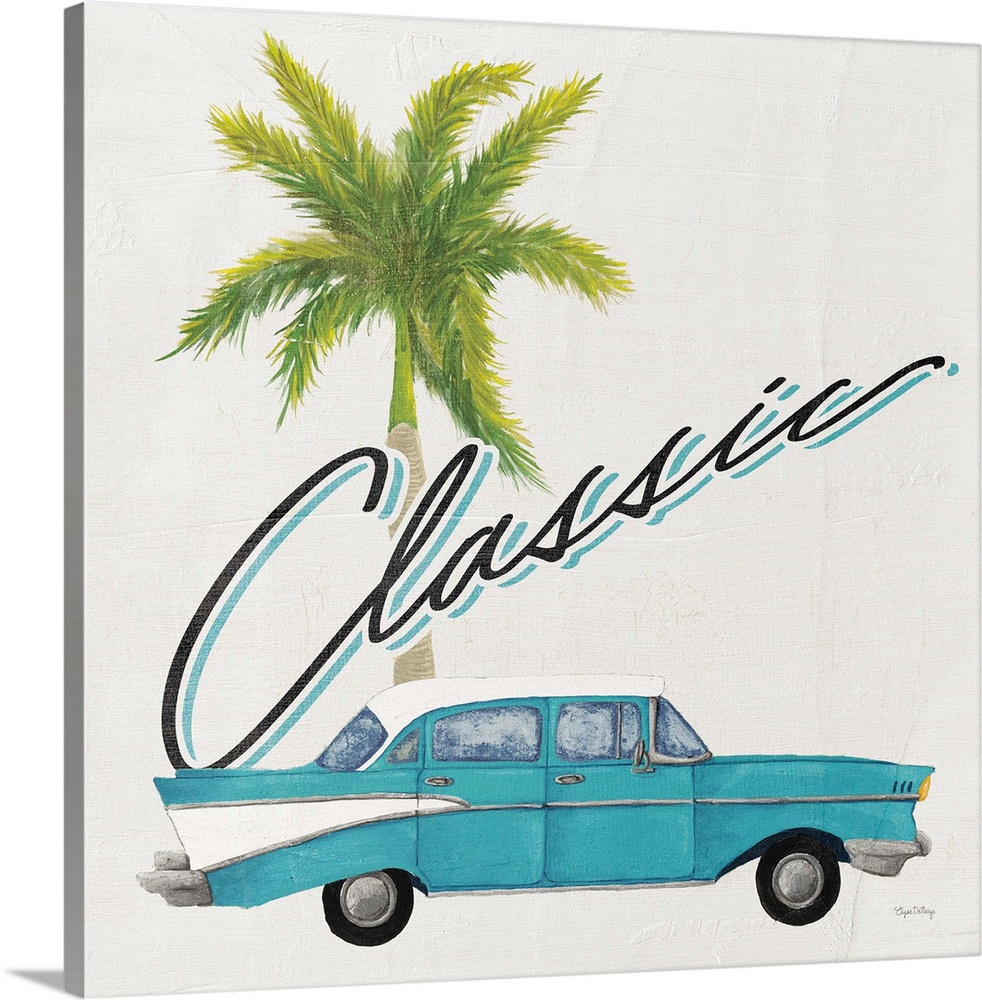 Square contemporary design of a classic car and palm tree with the text "Classic".