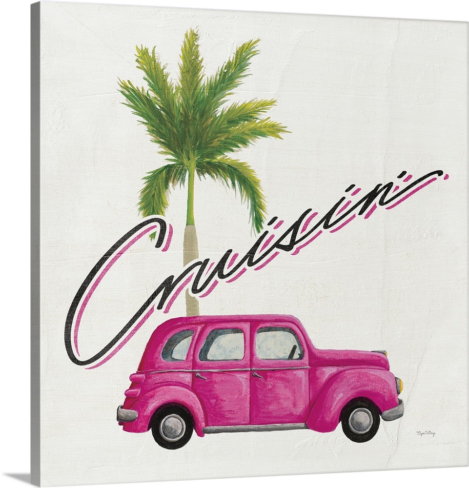 Square contemporary design of a classic car and palm tree with the text "Cruisin'".