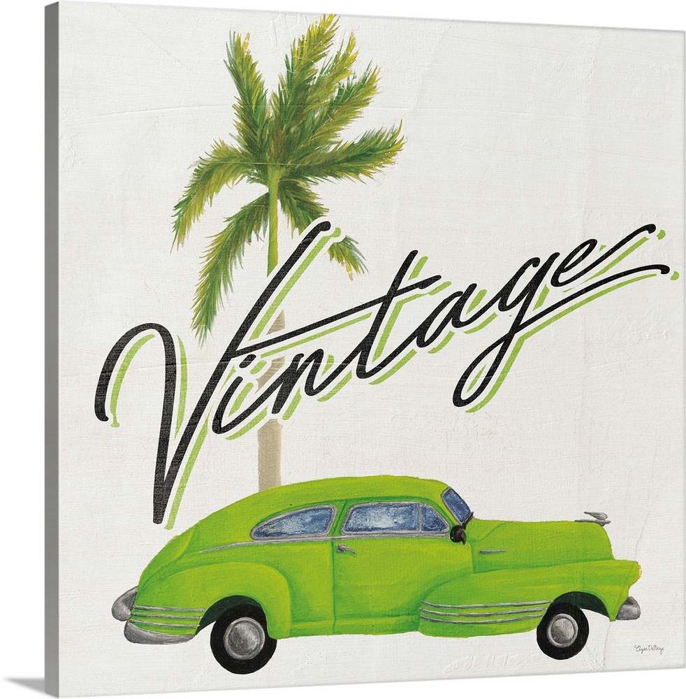 Square contemporary design of a classic car and palm tree with the text "Vintage".