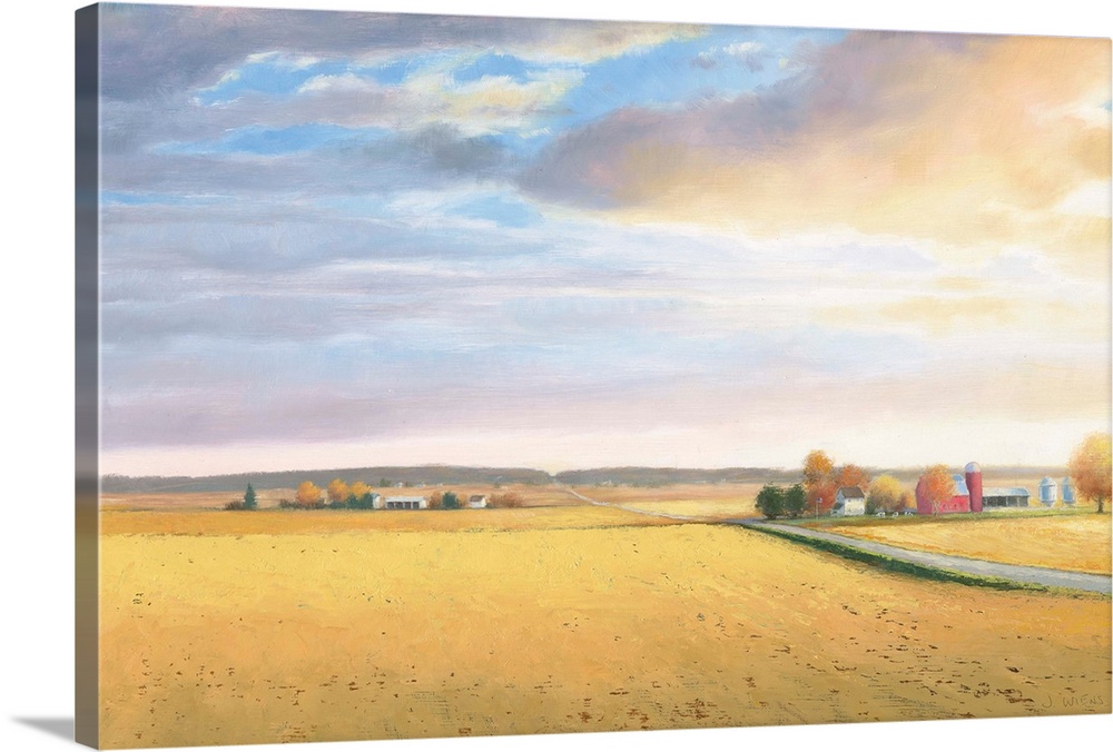 Landscape painting of a rural area with golden fields and a road leading to the horizon.