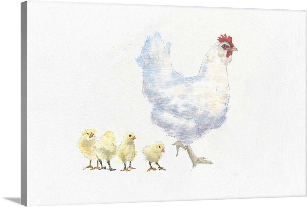 A contemporary painting of a hen and chicks against a white background.