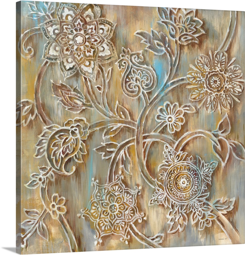 Square abstract painting with white henna designs on a neutral colored background with hints of sky blue.