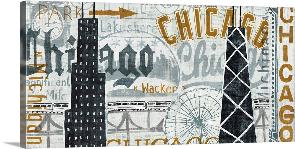 Giant canvas art includes a plethora of typography for the largest city in Illinois.  Artist also includes illustrations o...