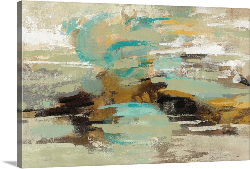 Large abstract painting made with horizontal brushstrokes and green, gold, blue, and brown hues, resembling a lagoon.